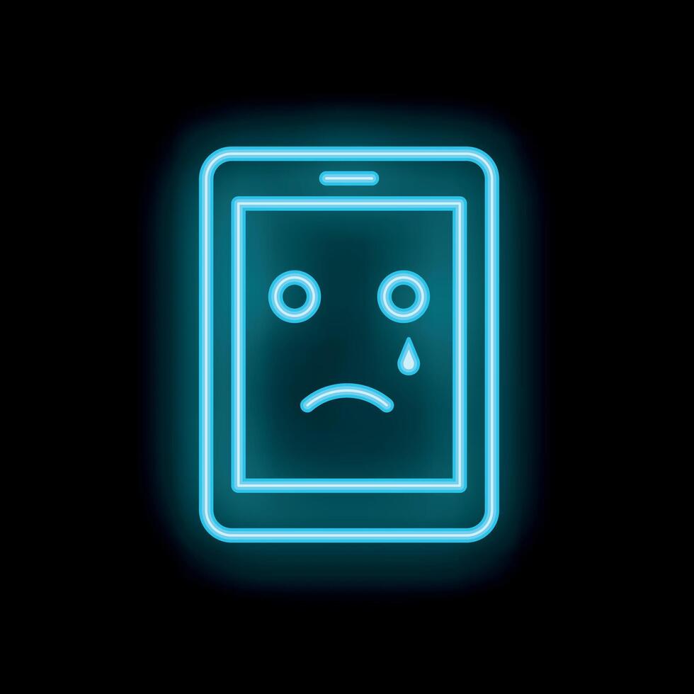 Neon icon of smartphone showing sad face with tear on black background vector