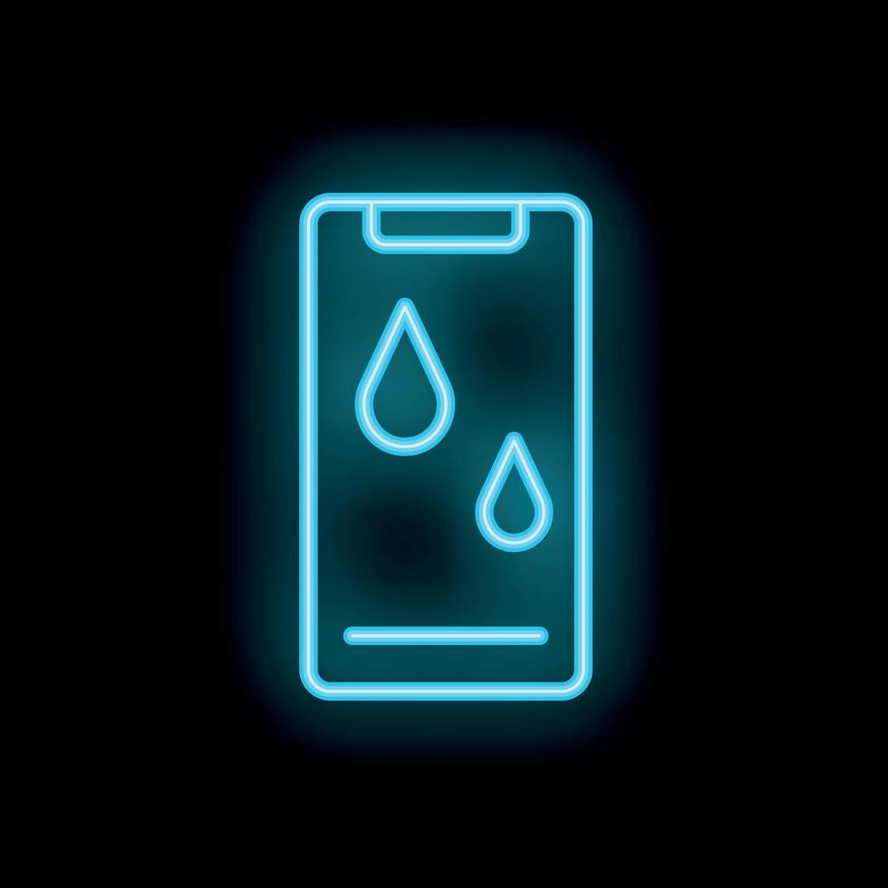 Blue neon smartphone showing water resistance on black background vector