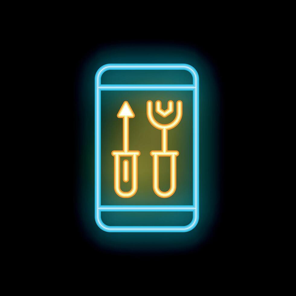 Neon icon of smartphone displaying gardening tools for mobile app vector