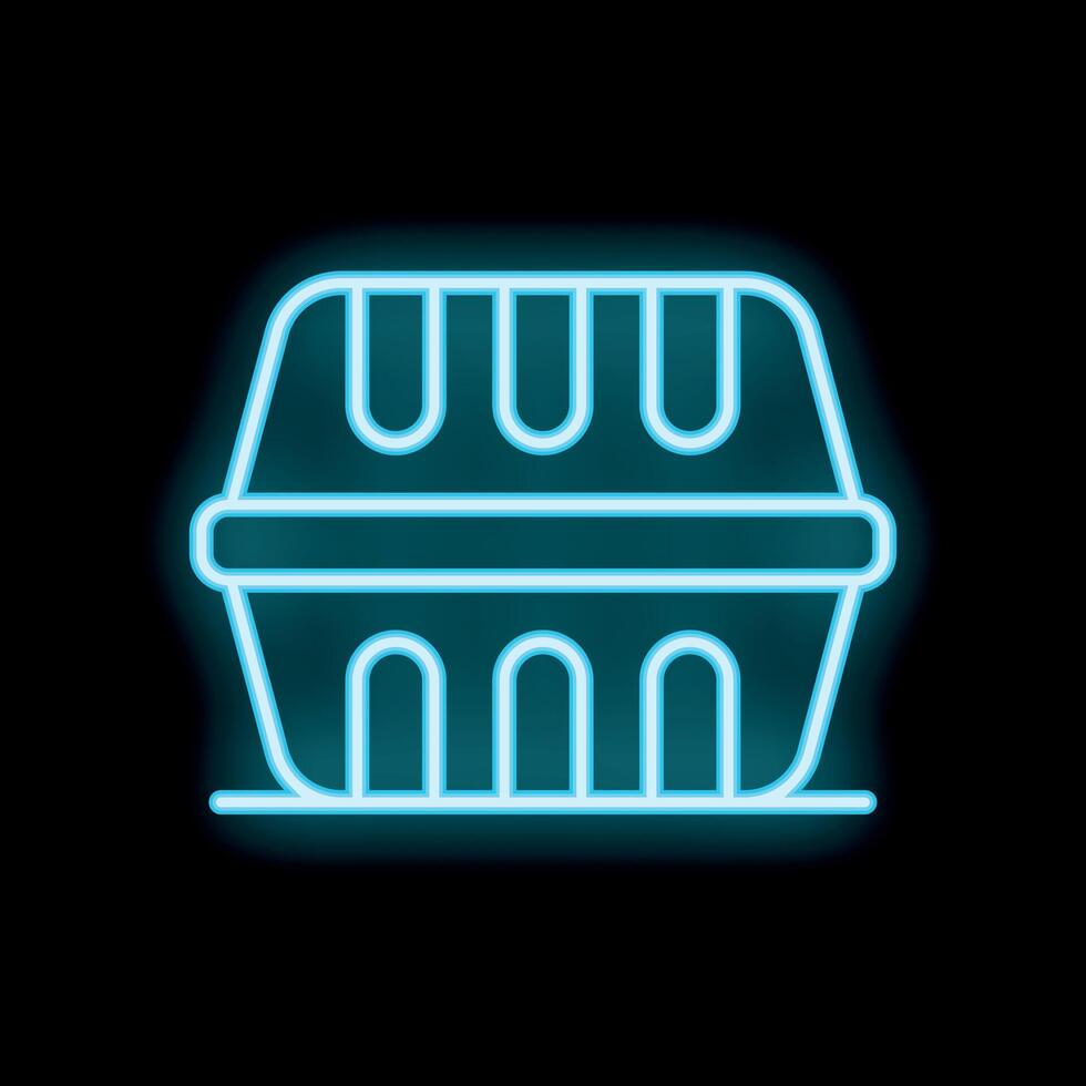 Blue neon styrofoam food container glowing on black background vector