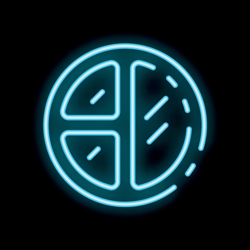 Blue neon icon of a cake divided into five slices on black background vector