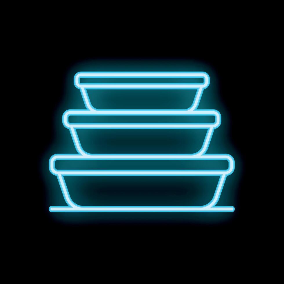 Neon icon of food containers stacked on black background vector