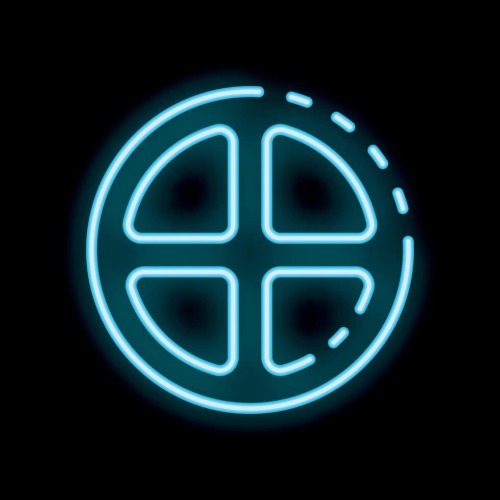 Blue neon sign showing a circle divided into four equal parts on black background vector