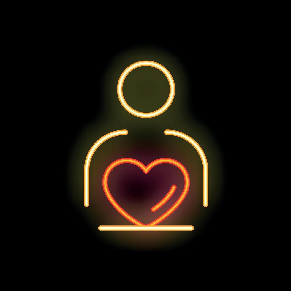 Neon sign of person holding a heart on black background vector