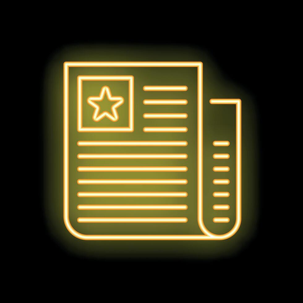 Yellow neon sign of newspaper with star on black background vector