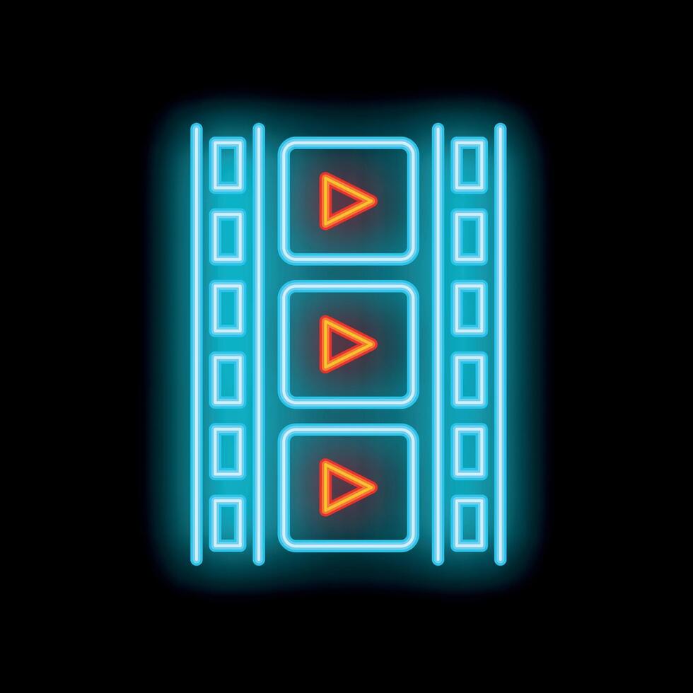 Glowing neon sign depicting a film strip with play buttons on a black background vector