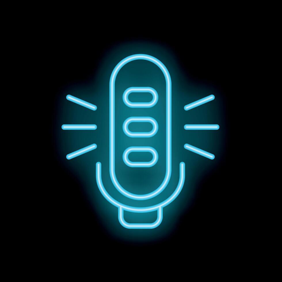 Blue neon microphone icon glowing on black background vector