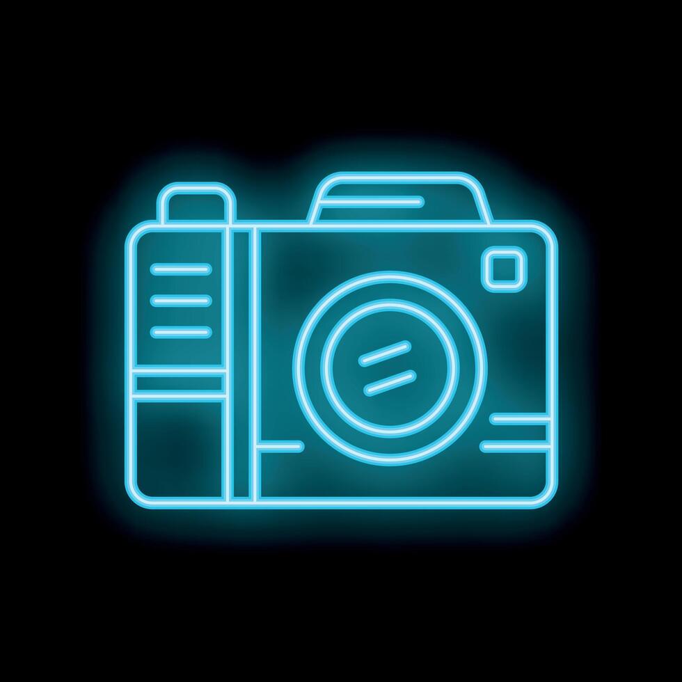 Bright blue neon camera icon glowing in the dark vector