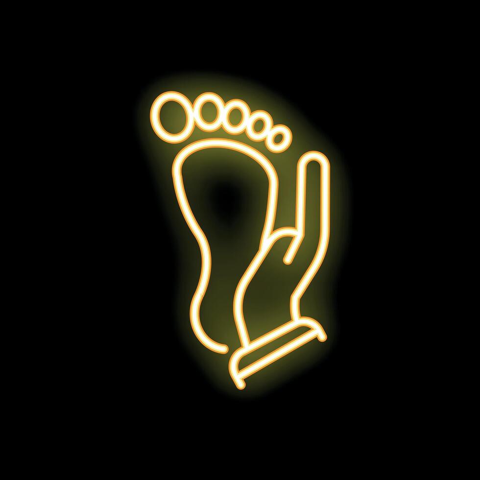 Hand touching glowing neon foot icon on black background vector