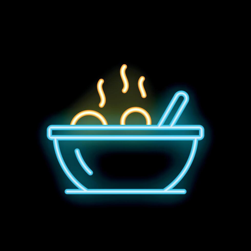 Neon sign displaying steaming bowl of soup with spoon vector