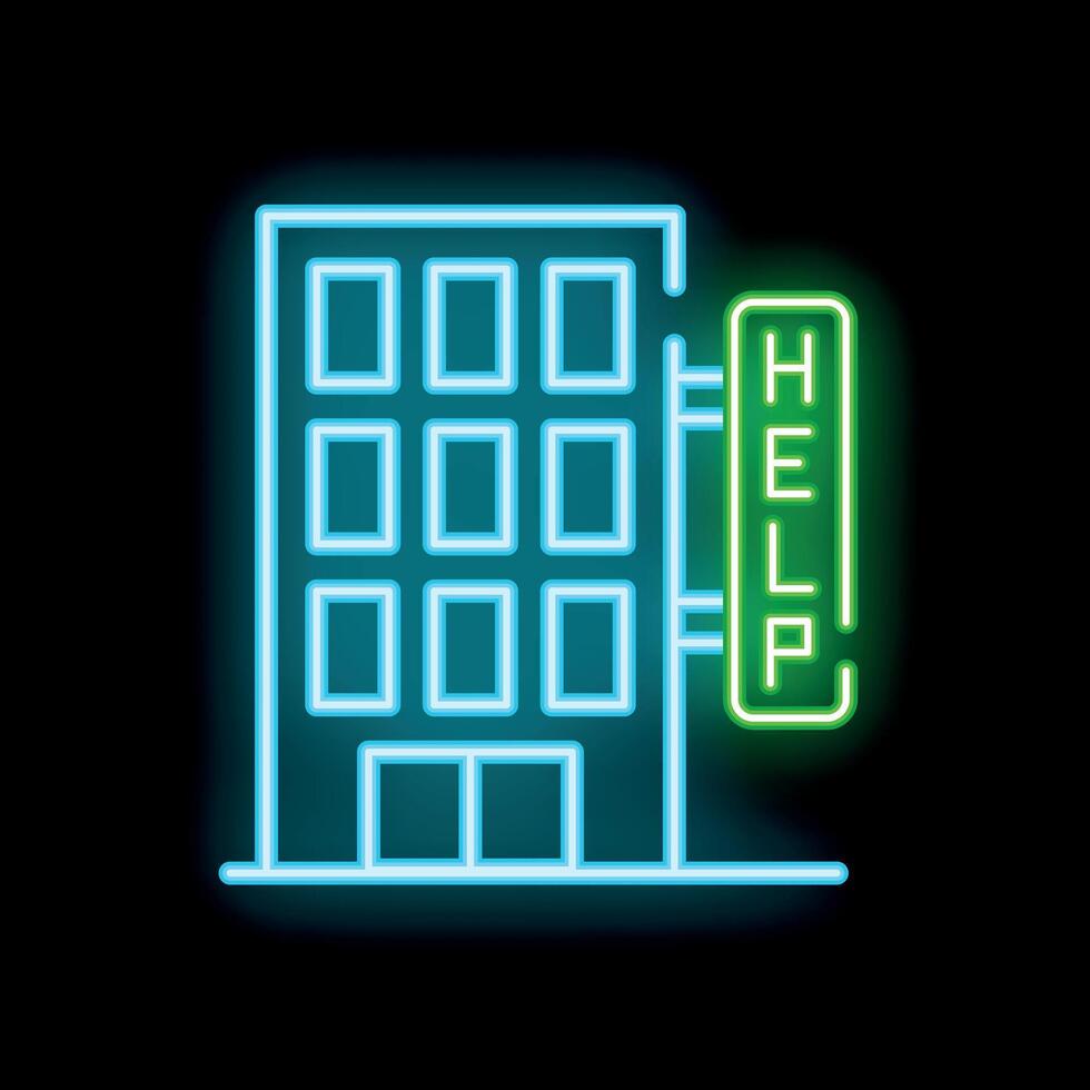 Glowing neon sign of modern building with help banner on the brick wall. Night luminous advertising vector
