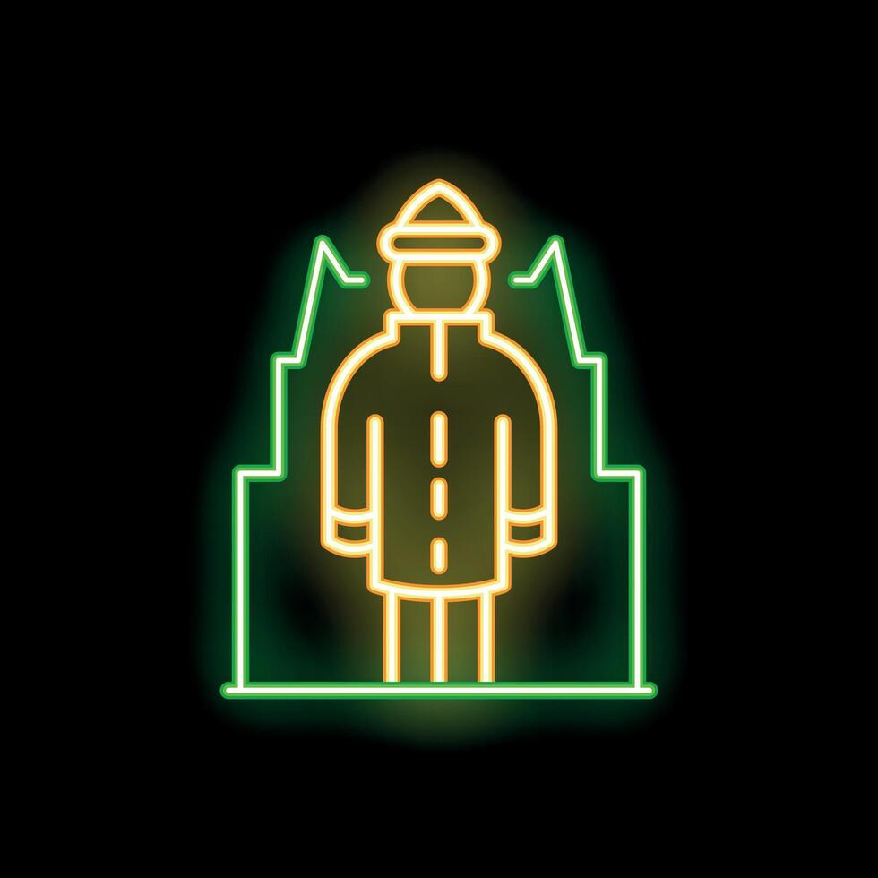 Glowing neon line icon of a firefighter standing in front of a fire station, an animation on a black background vector