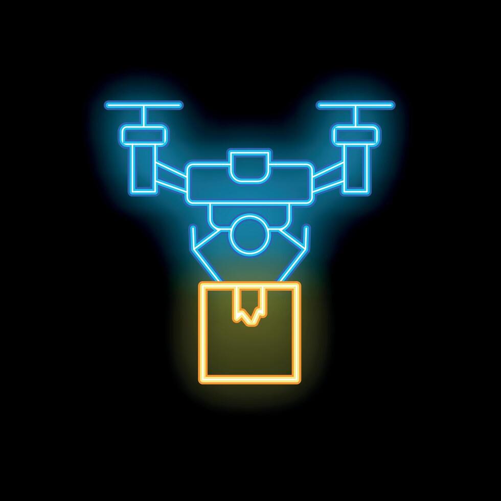 Blue neon sign of a drone delivering a package on a black background vector