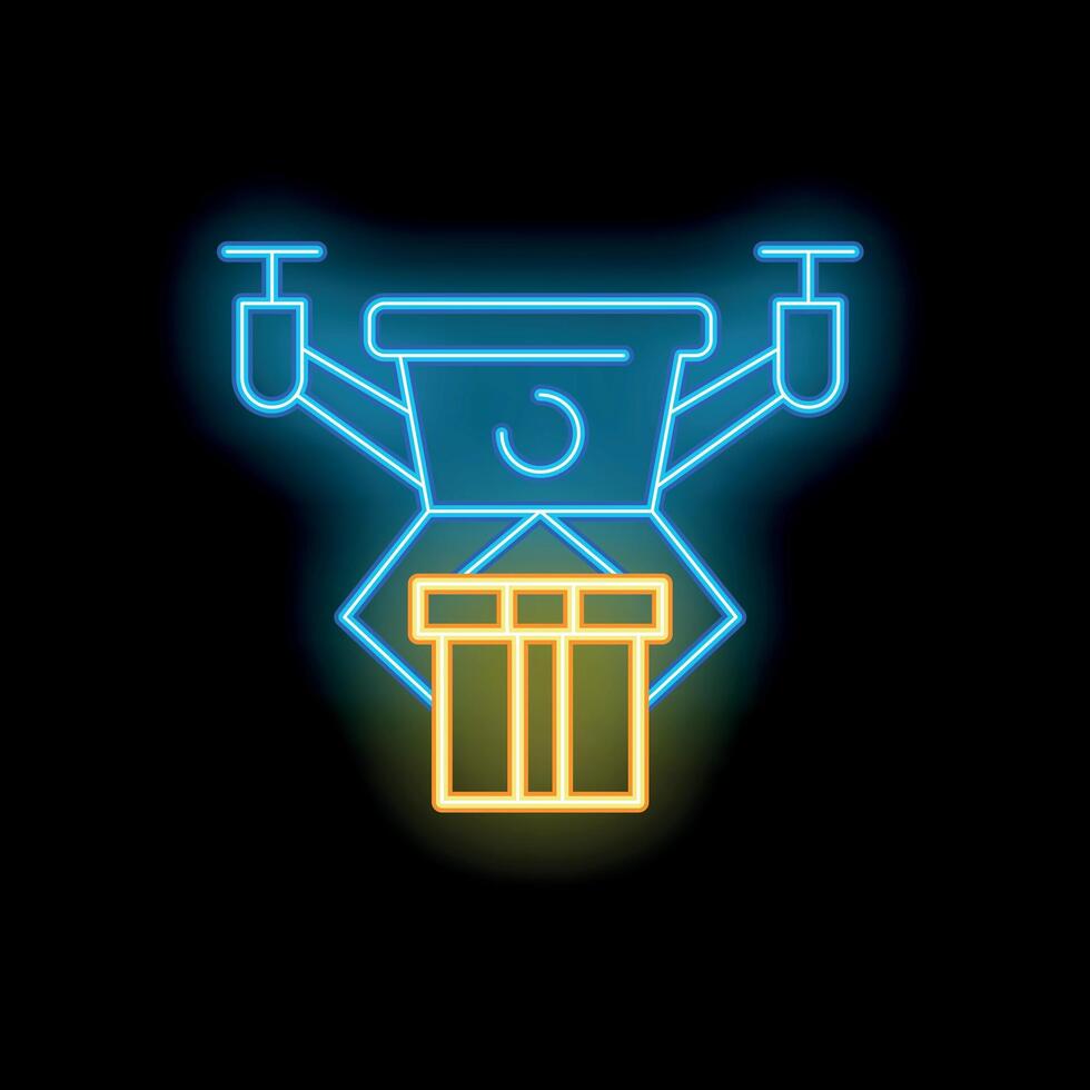 Neon sign of drone delivering a gift on a black background vector