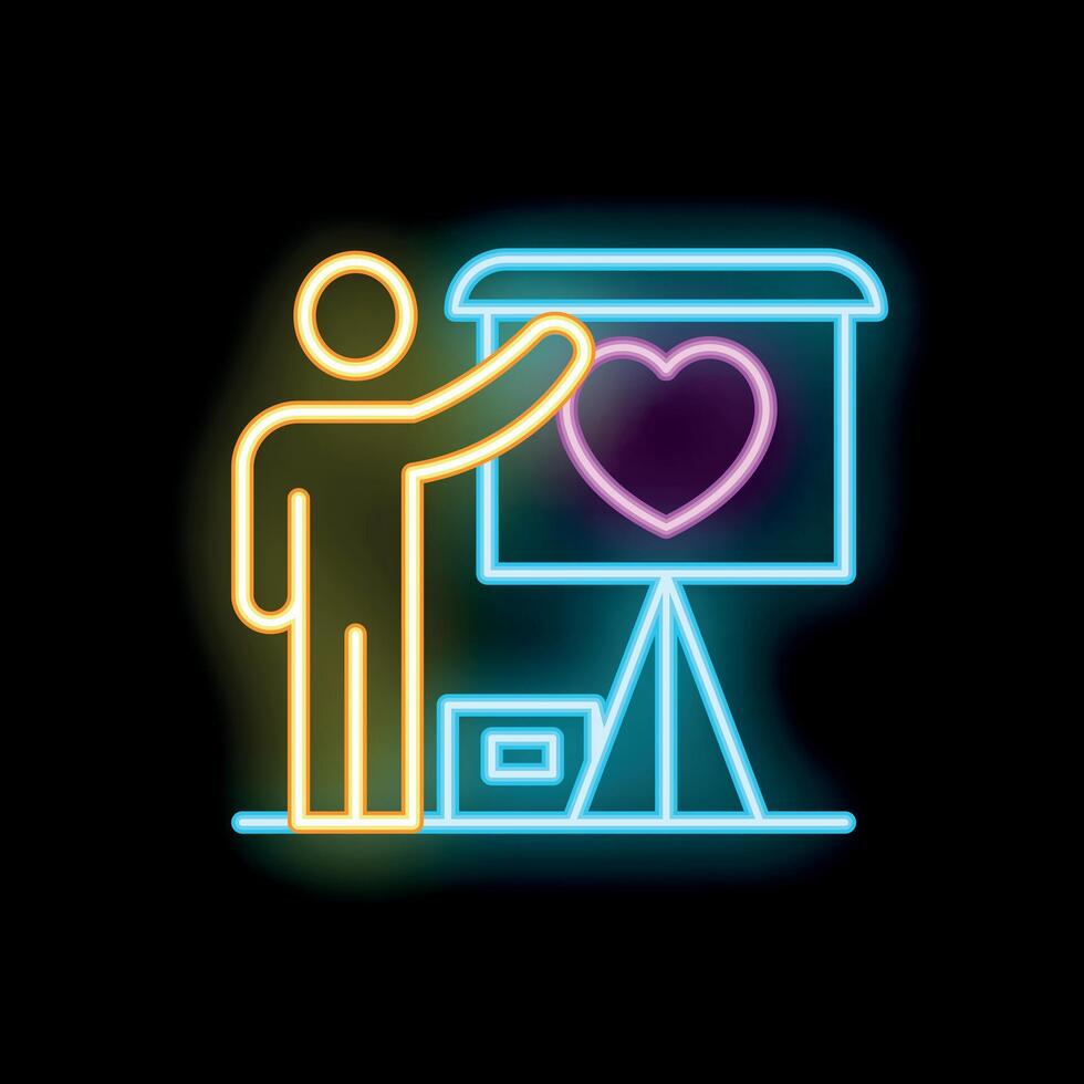 Coach giving training about love with big heart on whiteboard neon signboard style vector