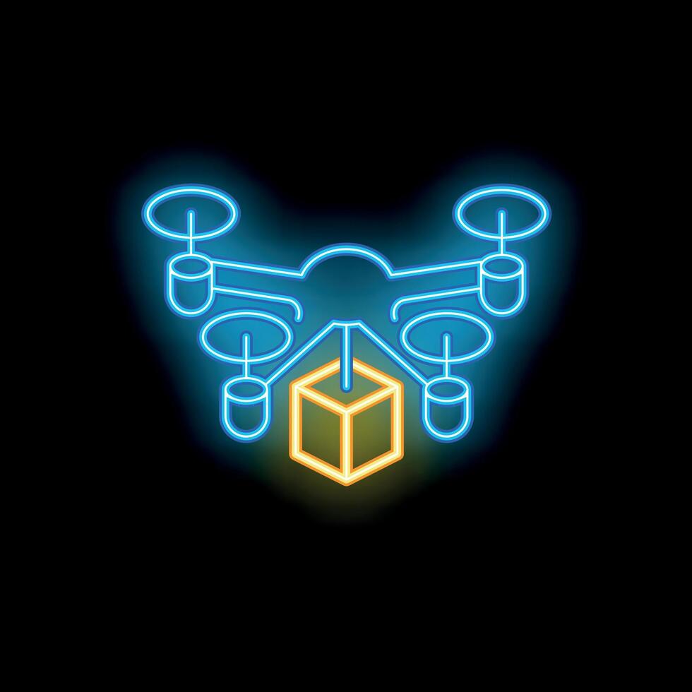 Neon sign representing drone delivering package vector
