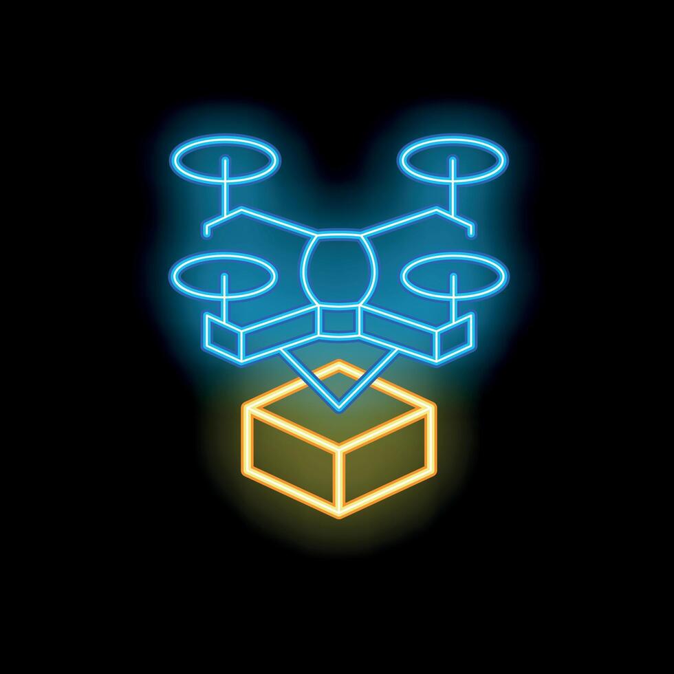 Neon sign representing drone delivering package vector