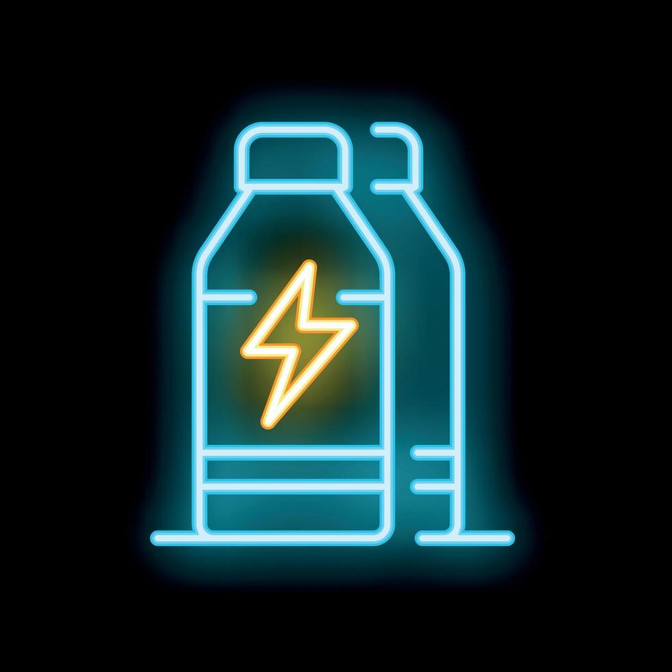 Neon sign of two sport nutrition bottles with lightning bolt logo glowing on black background vector