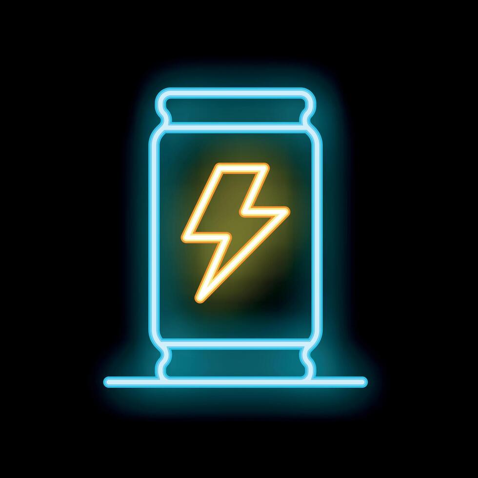 Glowing neon sign of an energy drink can with a lightning bolt on a black background vector