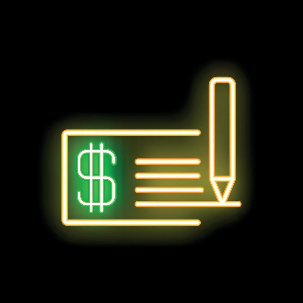 Neon sign representing signing a check with a pen on black background vector