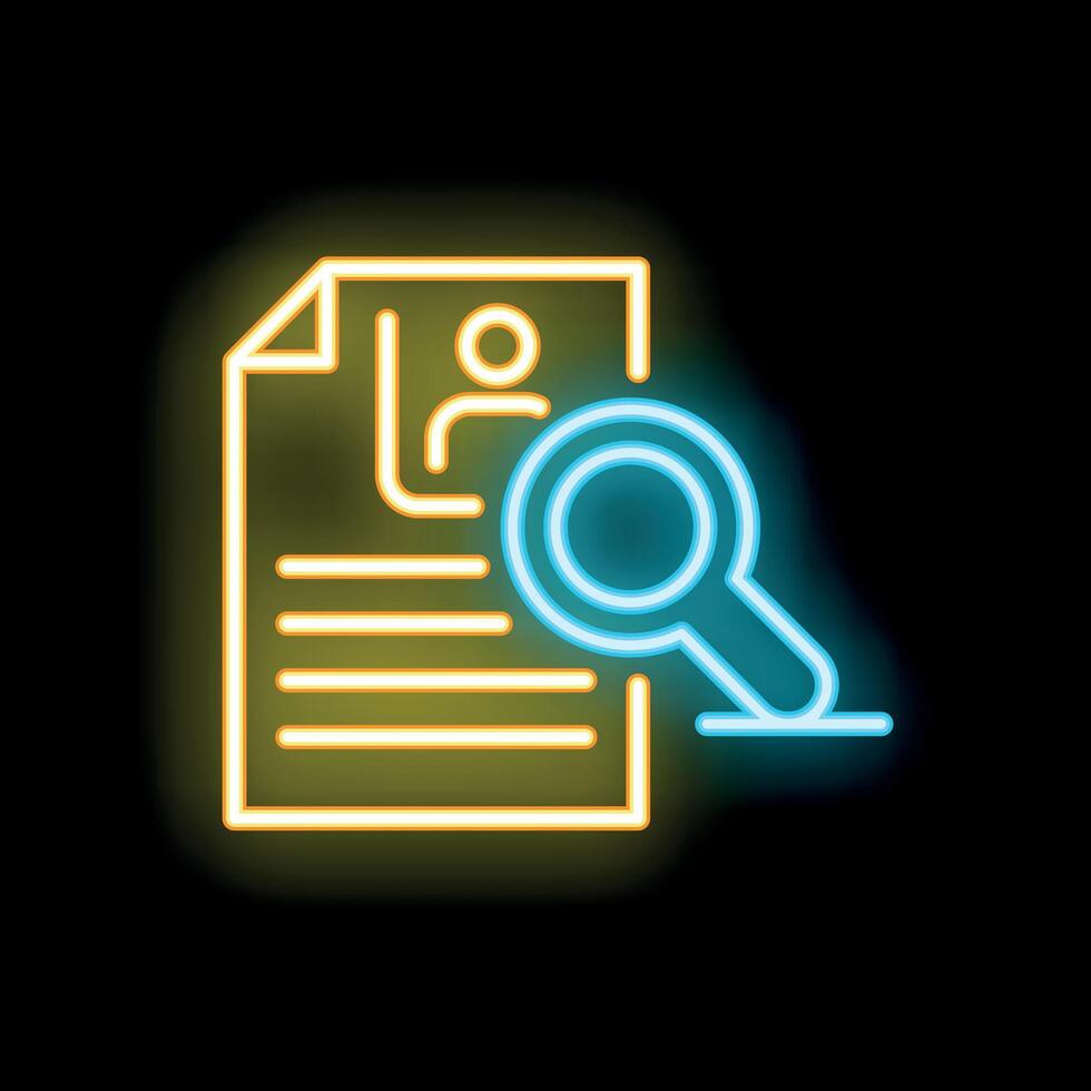 Neon icon of magnifying glass examining resume for hiring process vector