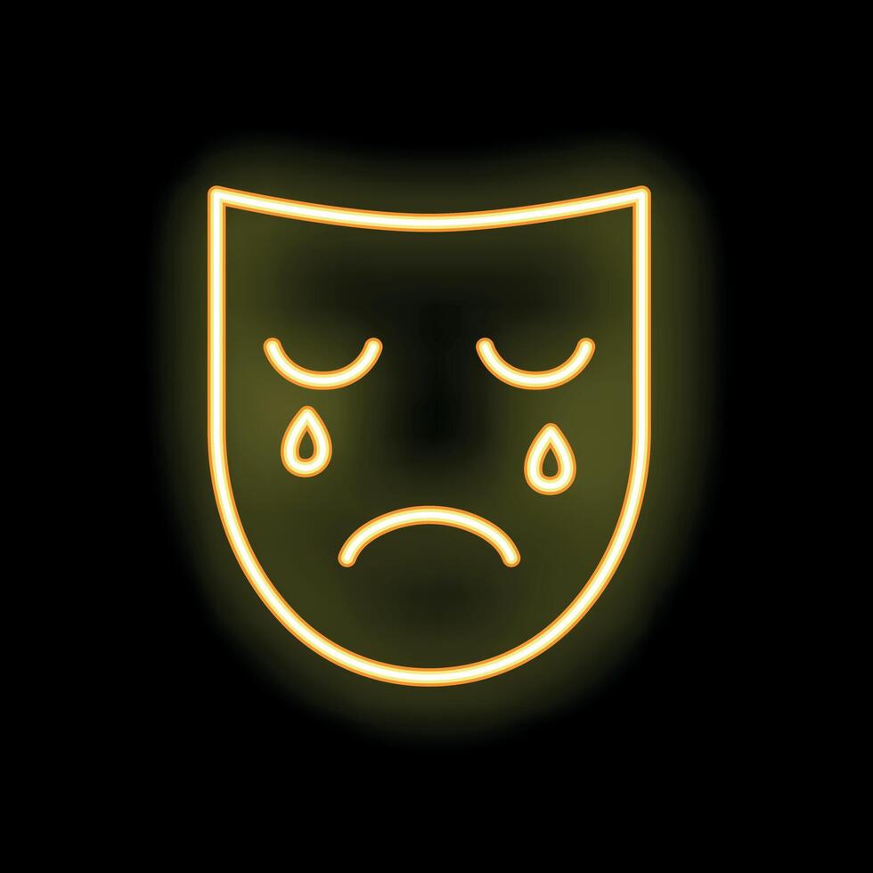 Neon icon of a sad theater mask crying on black background vector