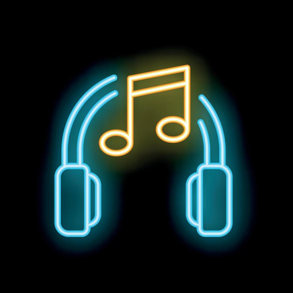 Neon sign headphones playing music icon illustration on dark background vector