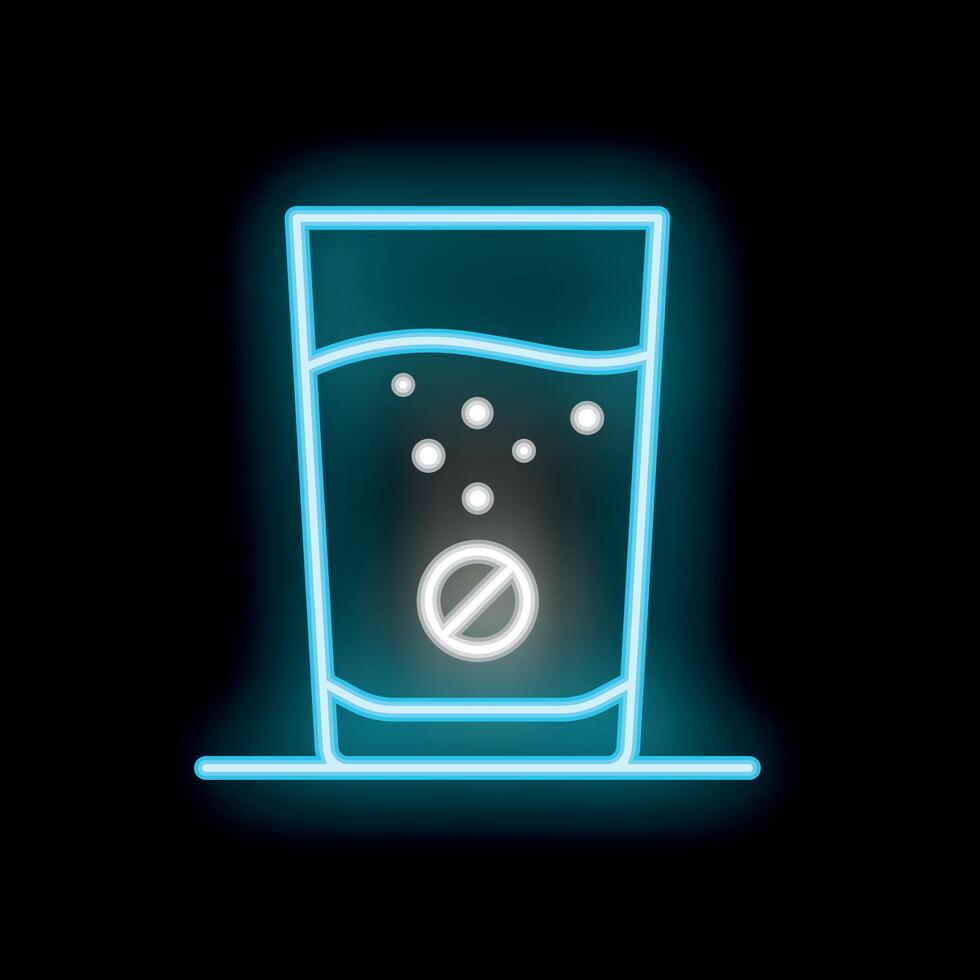 Neon blue effervescent tablet dissolving in glass of water icon vector