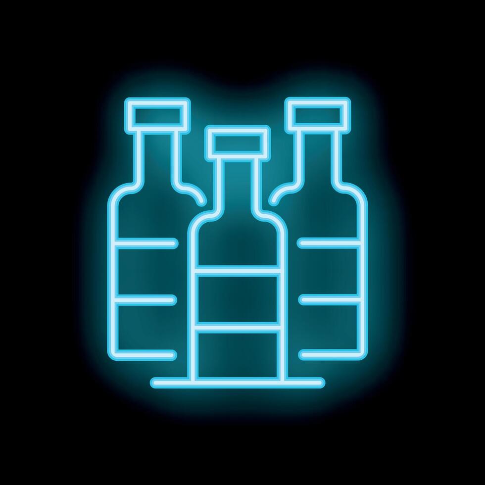 Neon blue wine bottles shining on black background vector