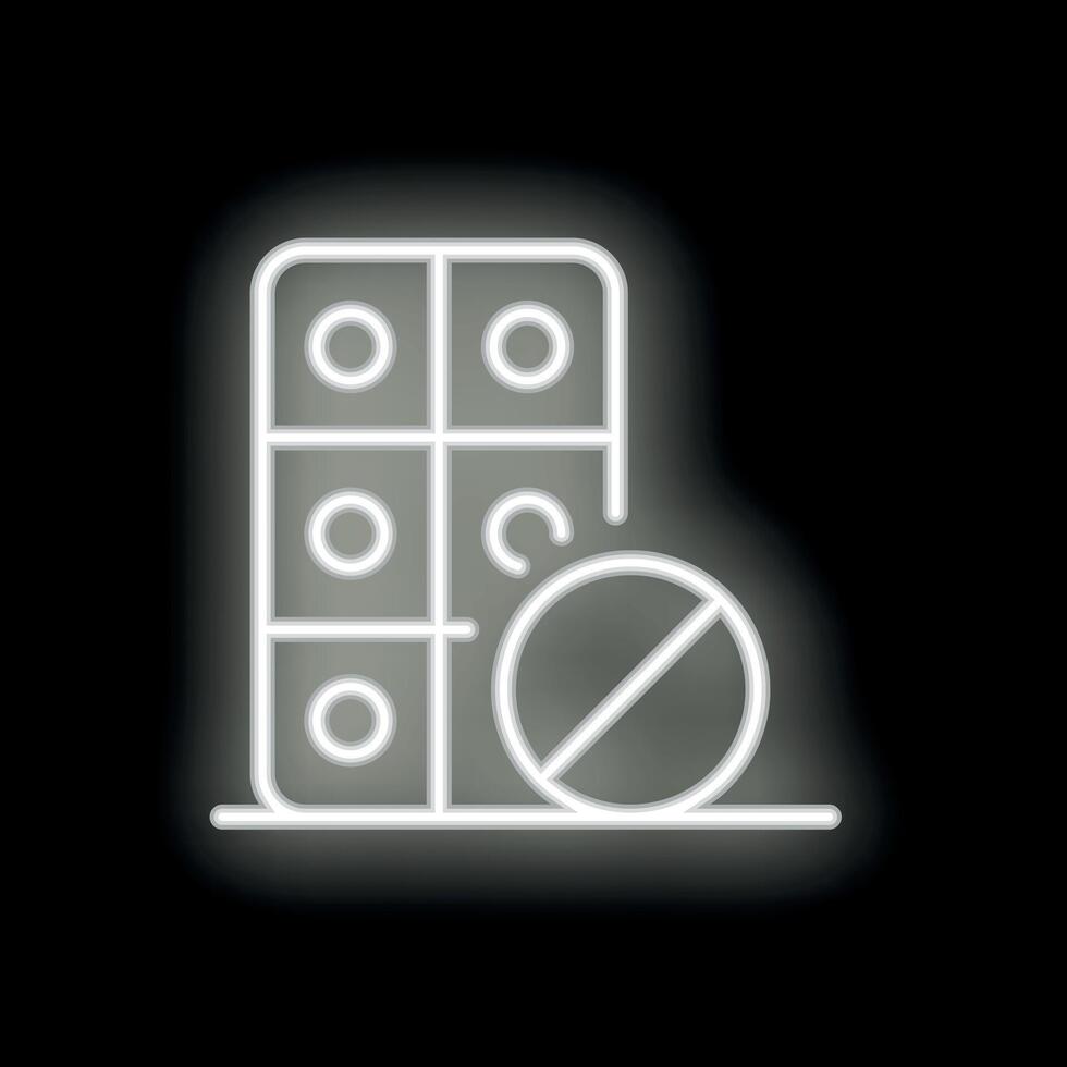 Neon white pill blister pack icon glowing on dark background vector
