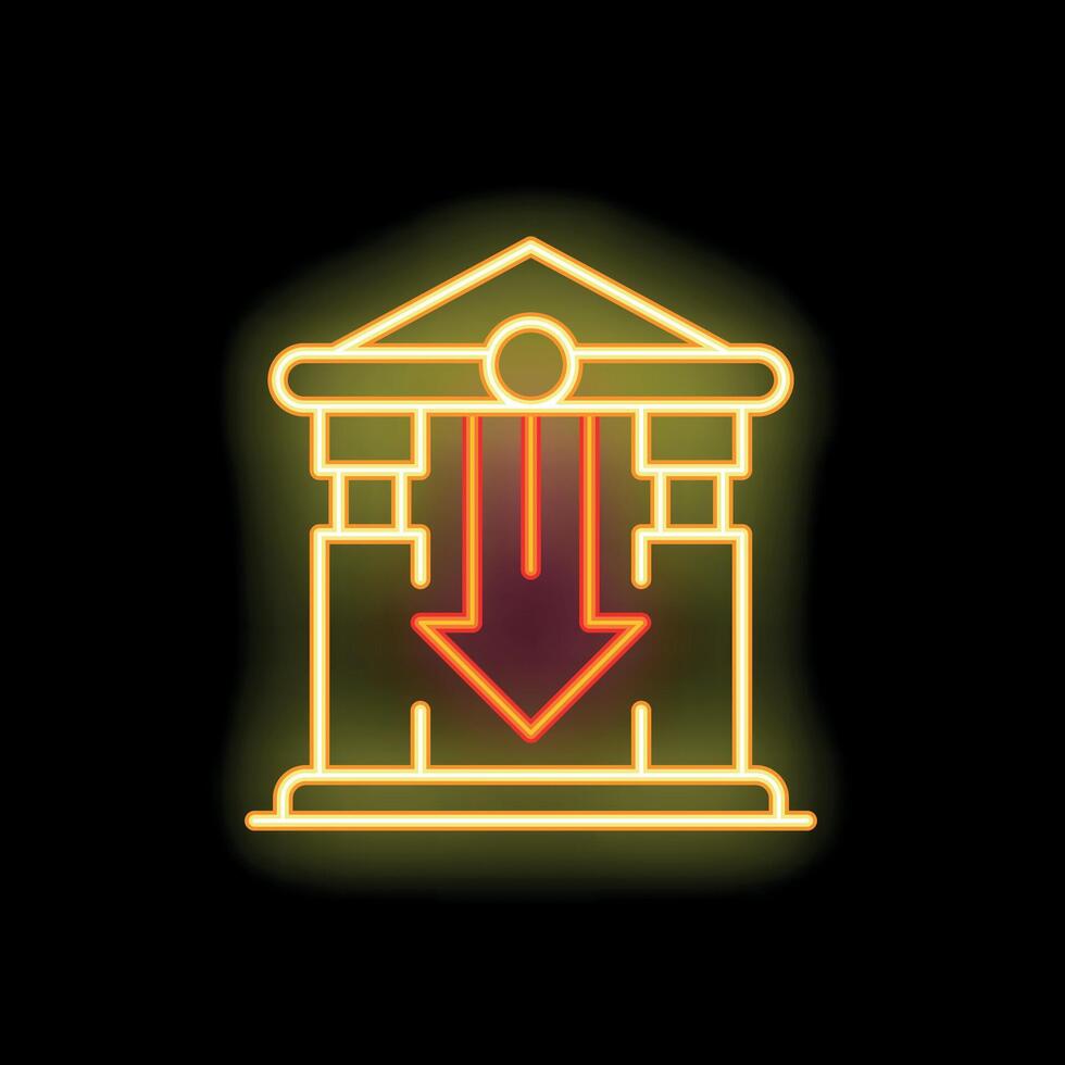Neon sign depicting a government building with a downward arrow signifying economic decline vector