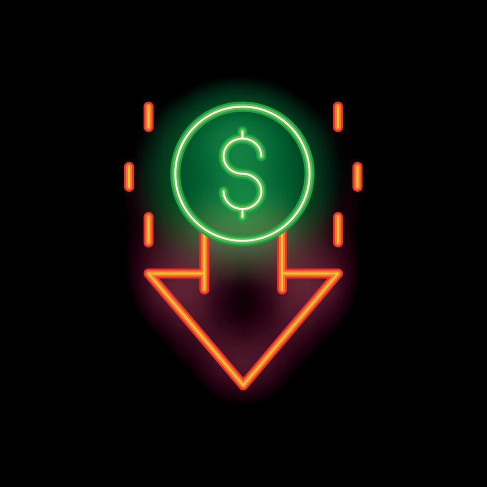 Neon sign representing money going down with a downward arrow vector