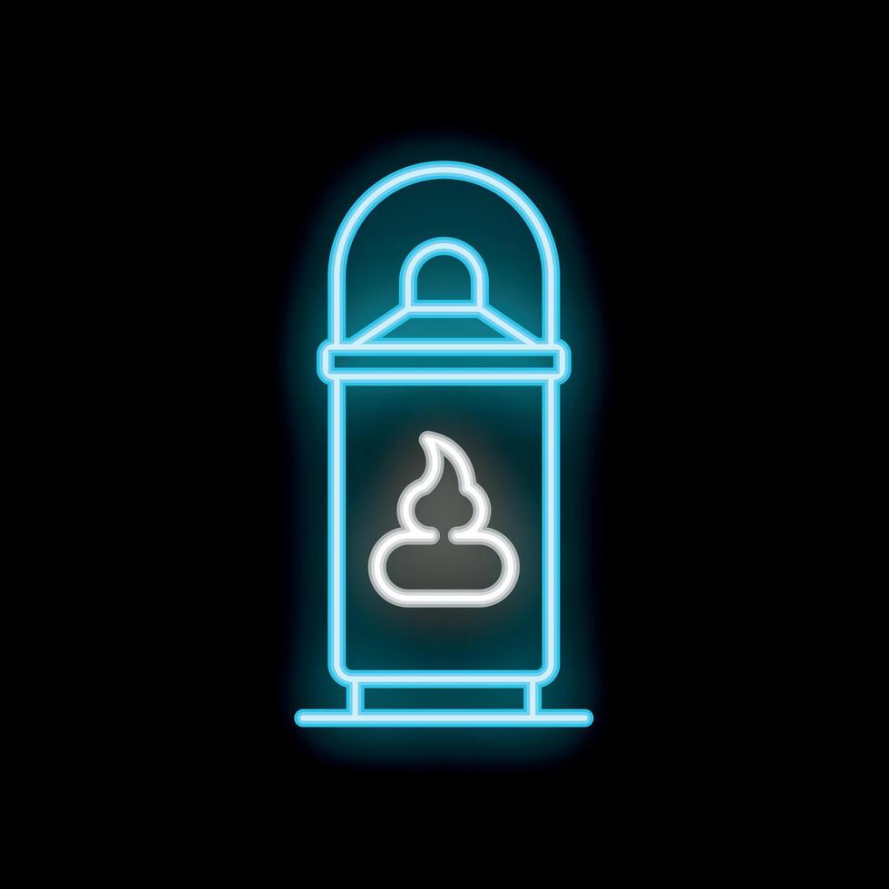 Bright blue neon trash can icon with a dog poop symbol glowing on a black background vector