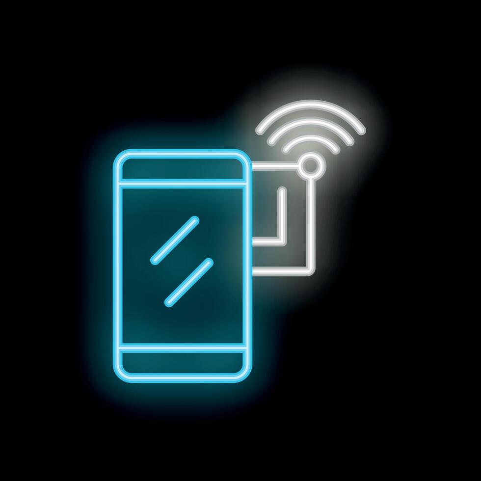 Smartphone connecting to wifi network neon sign on black background vector
