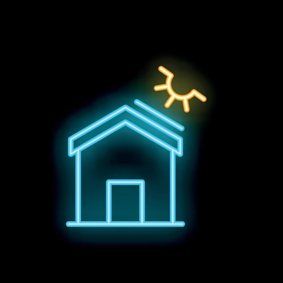 Neon icon of house with sun shining above representing the concept of home vector