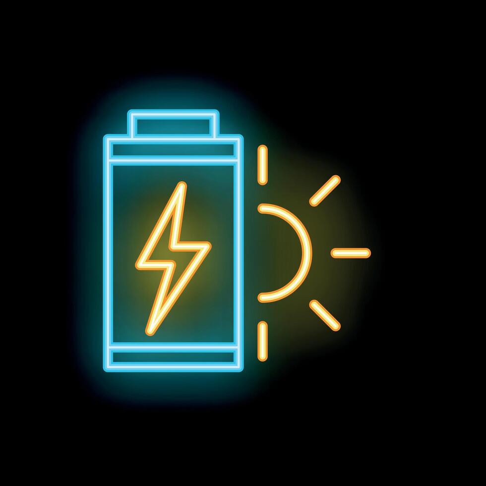 Neon icon of battery charging with solar energy on black background vector