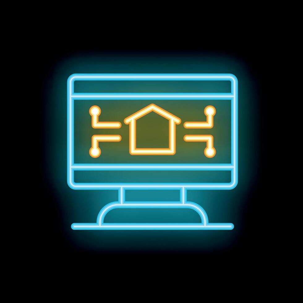 Neon smart home automation system on computer screen icon vector