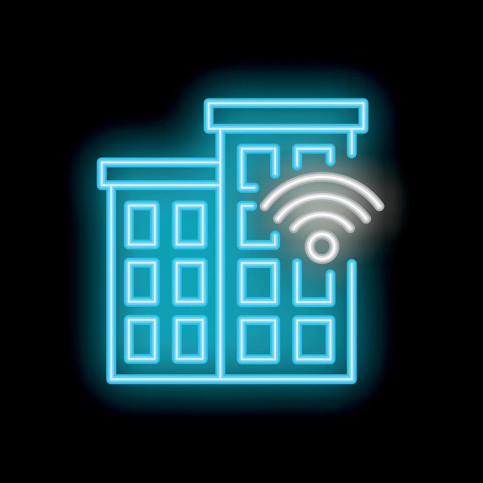 Glowing neon icon of buildings emitting wifi signal on black background vector