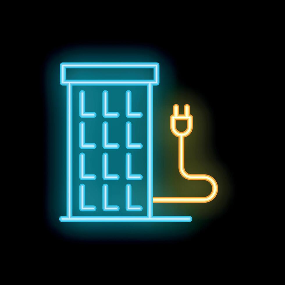 Neon blue building with electrical plug glowing on black brick wall background vector