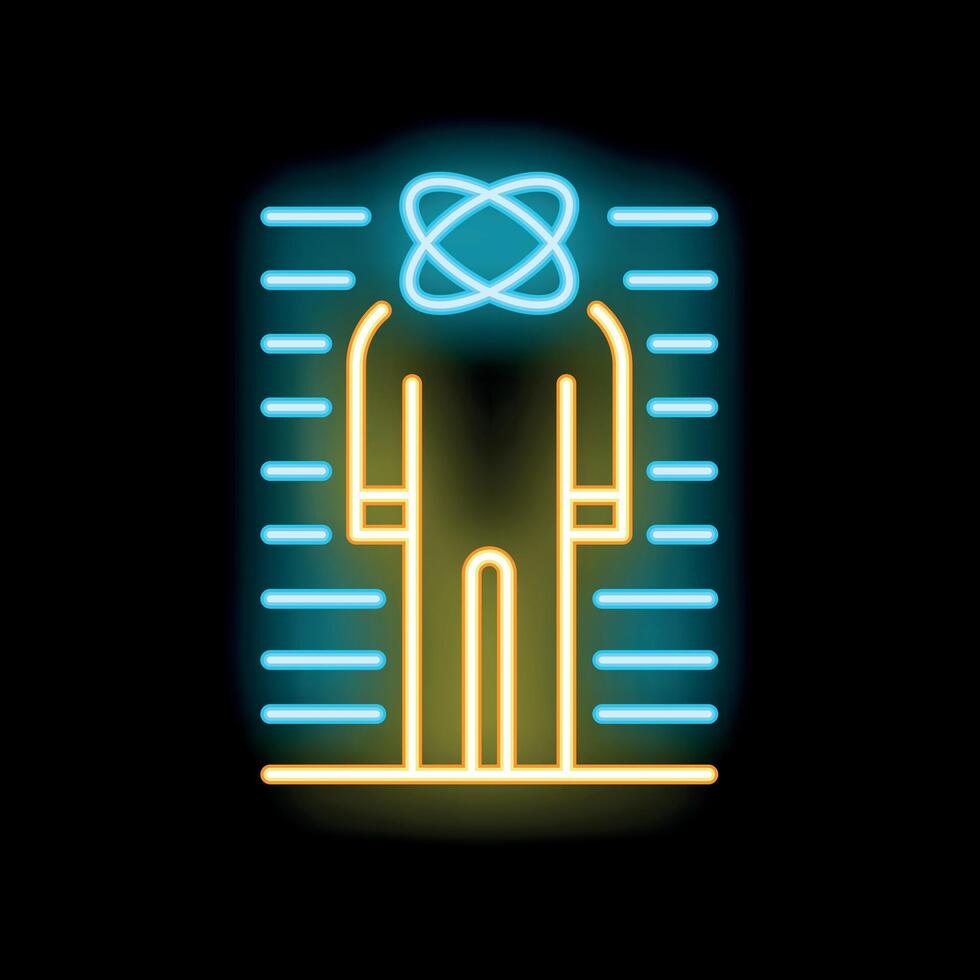 Neon sign of a man standing with an atom symbol over his head vector
