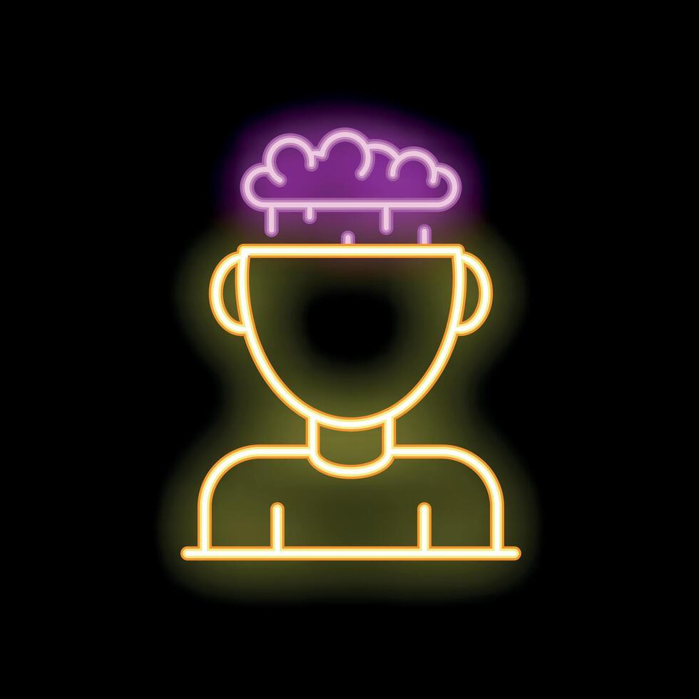Neon sign of a person thinking with brain and raining clouds vector
