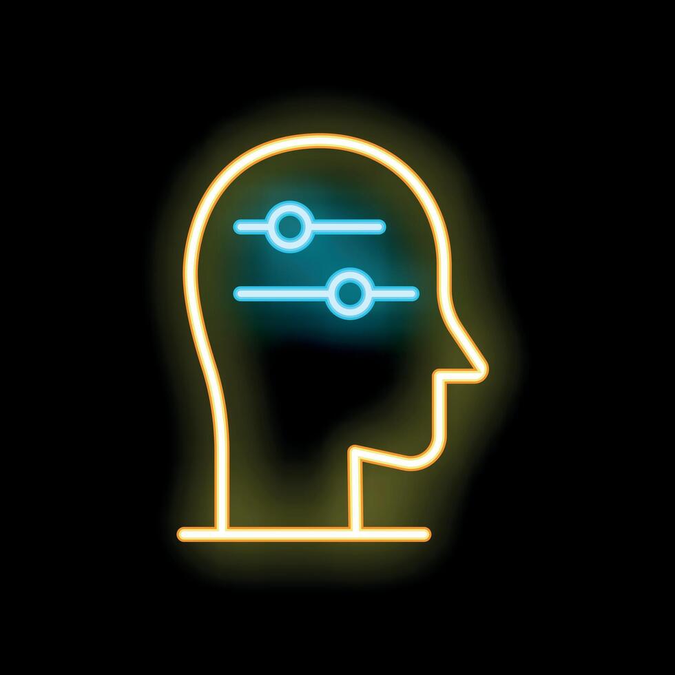 Neon icon of human head profile with settings sliders representing preferences vector
