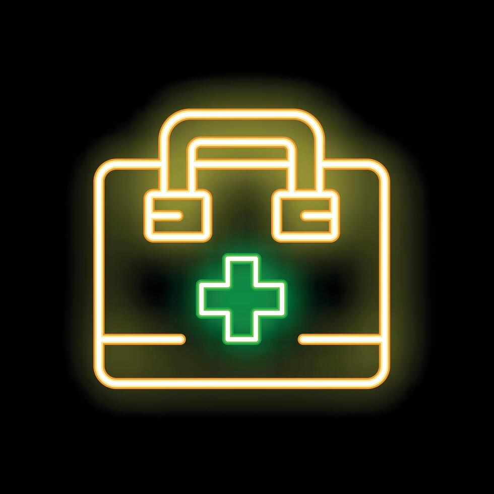 Yellow and green neon first aid kit glowing and animating on black background vector