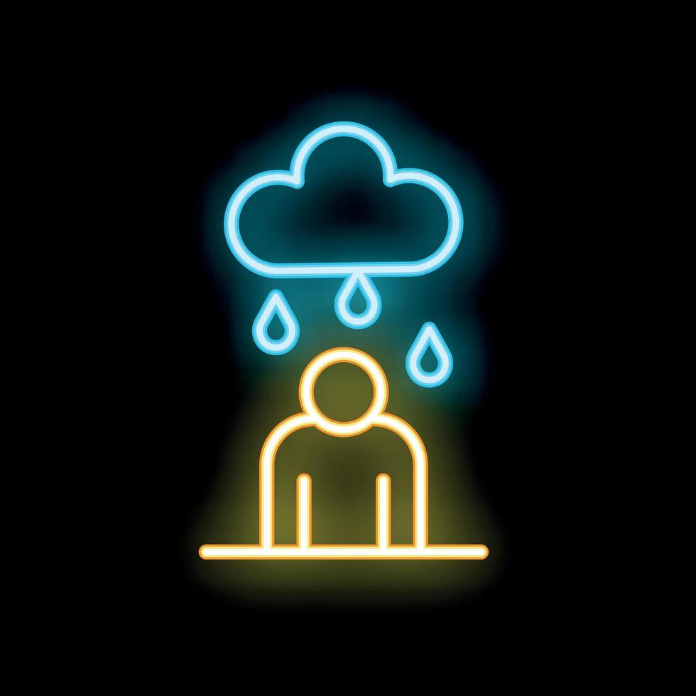 Sad person standing under rain cloud neon sign icon vector