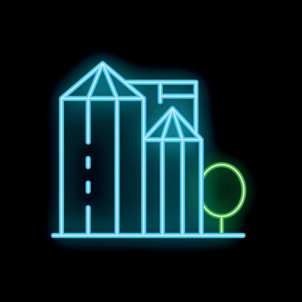 Neon glowing cityscape with buildings and road at night illustration vector