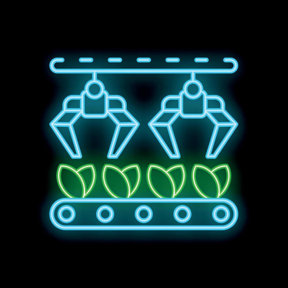 Neon style icon showing robotic arms moving seedlings on conveyor belt vector