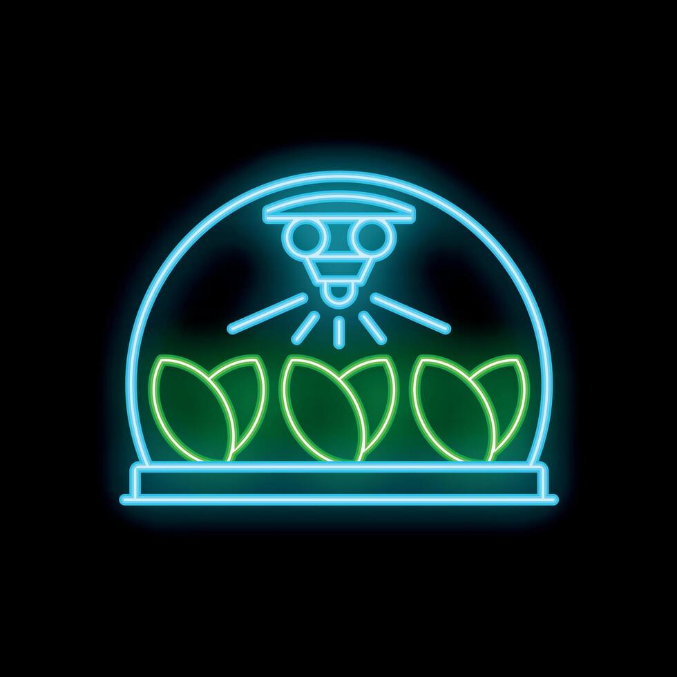 Neon icon of smart farming technology greenhouse system growing plants vector