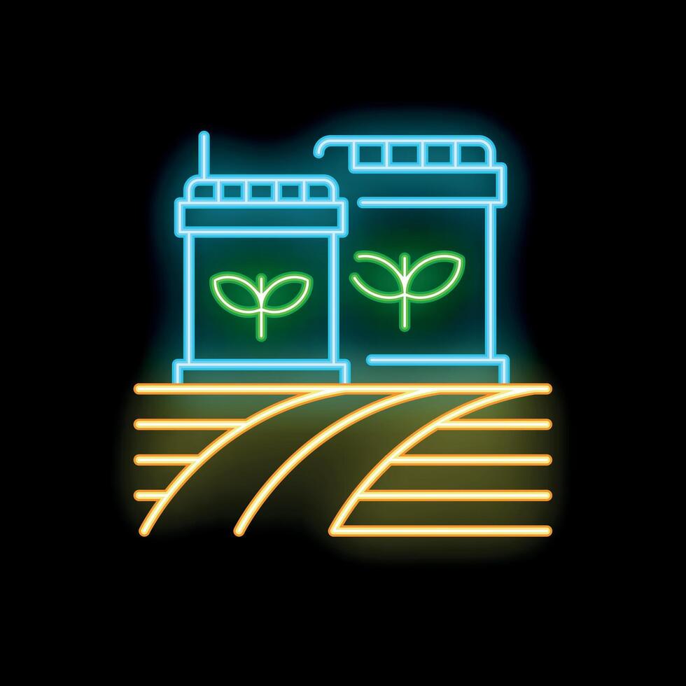 Neon icon of vertical farm with seedlings growing under specific light lamps vector