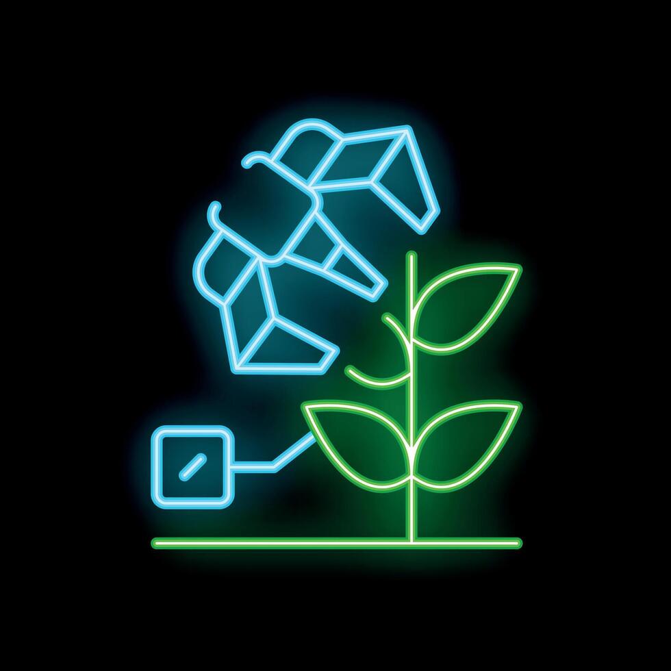 Neon icon of robotic arm taking care of plant representing smart agriculture vector