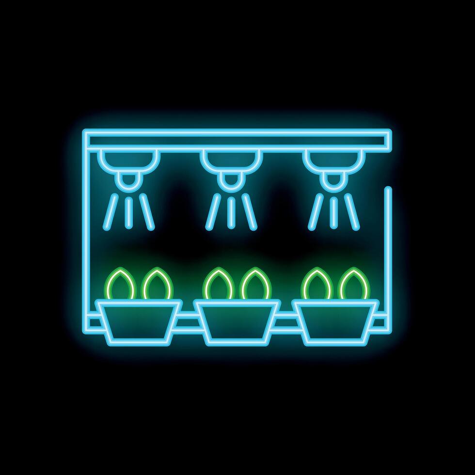 Neon icon of plants growing under adjustable lamps in indoor farm vector